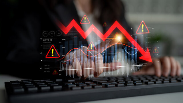 Economic caution visualized with fluctuating market graph, alert symbols, and negative data trends. Represents financial risk, market volatility, and economic uncertainty. Spline
