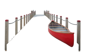 Red canoe boat moored alongside a rustic wooden pier.