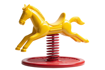 Vintage yellow spring horse playground toy isolated on white.