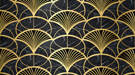 Art Deco fan pattern on black marble with gold accents