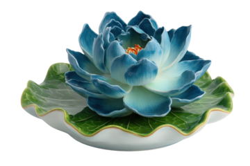 Elegant ceramic blue lotus flower sculpture on a green leaf base.