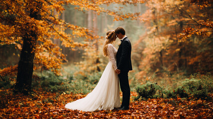Romantic autumn wedding photo of a couple surrounded by fallen leaves in a forest with warm golden light