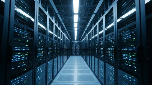 Amidst the hum of machinery, rows of servers glow softly with vibrant blue lights. This high-tech data center, working tirelessly at night, showcases cutting-edge technology and innovation.