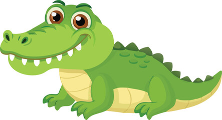 Naklejka premium Happy and fun cartoon reptile and amphibian characters like a cute green baby alligator, dinosaur, crocodile, and gecko are drawn in a childlike vector illustration