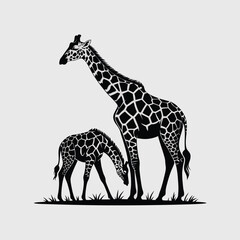 Elegant Silhouette of a Mother Giraffe and Calf Grazing in a Grassy Field Vector Art