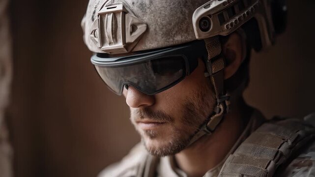 Focused Gaze of a Resolute Soldier in a Tactical Helmet