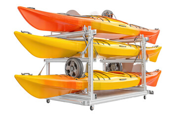 Three colorful kayaks neatly organized on a mobile aluminum storage rack.