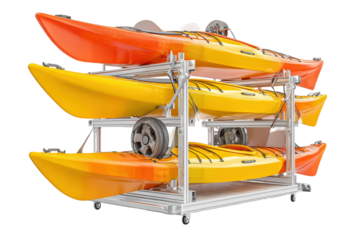 Three colorful kayaks neatly organized on a mobile aluminum storage rack.