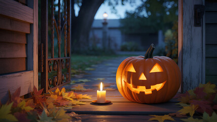 Fototapeta premium A glowing jackolantern and candle illuminate a rustic autumn scene