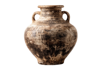 Ancient weathered clay amphora with two handles isolated.