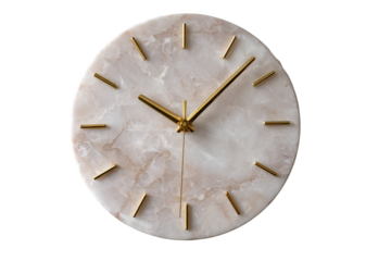 Elegant round marble wall clock with golden hands and markers.