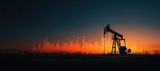 Oil rig silhouette at sunset over city skyline overlaid with stock market data