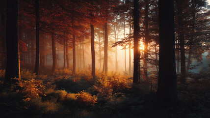 Fototapeta premium Scenic autumn forest at sunset with golden light shining through colorful red and yellow trees and soft mist