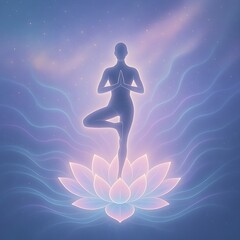 Serene Yoga Pose: Silhouette of a person practicing yoga in the tree pose, balanced on a lotus flower, radiating peace and harmony against an ethereal, pastel-toned backdrop. 