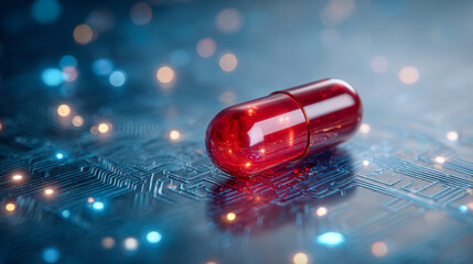 Close up of a red capsule pill resting on a glowing circuit board symbolizing the integration of technology and medicine in futuristic healthcare innovation