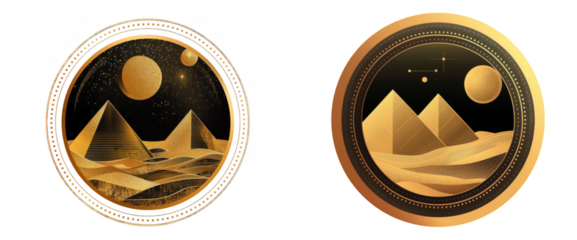 Two golden coins with pyramids and planets, isolated on transparent background