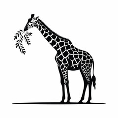 Elegant Silhouette of a Giraffe Gracefully Eating Leaves from a Branch Isolated on a White Background Minimalist Vector Art