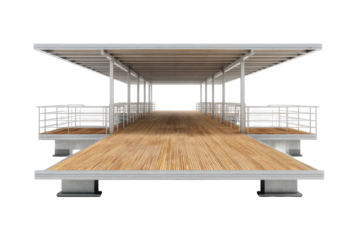 Modern architectural pedestrian bridge with wooden deck and canopy.