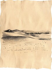 Landscape drawing of mountains and trees on paper with artistic ink dots art