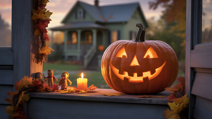 Fototapeta premium A carved pumpkin sits on a windowsill with a candle and autumn leaves