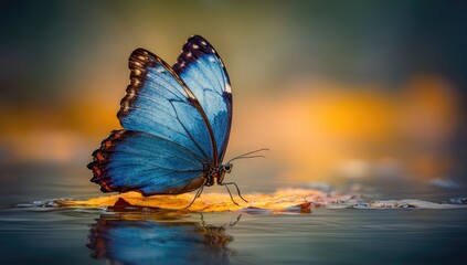 A beautiful, vibrant blue butterfly rests gently on a golden leaf, reflecting on serene water, bathed in warm, golden light.