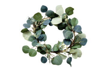 A beautiful decorative wreath made from various green eucalyptus leaves.
