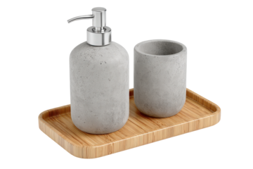 Modern grey stone bathroom accessory set with soap dispenser and tumbler on a bamboo tray.