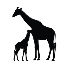 Elegant Silhouette of Two Giraffes One Tall Adult and One Small Baby Standing Together in a Peaceful Landscape