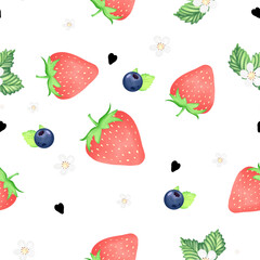 Colorful fruit pattern featuring strawberries, blueberries, leaves, and flowers on a white background