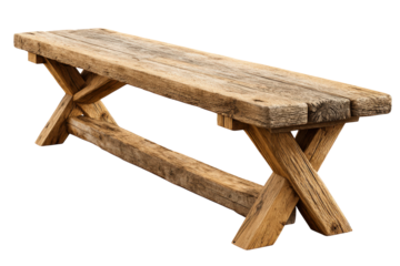 Rustic old wooden bench with weathered texture isolated.