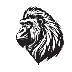 Gorilla's Head Silhouette on White Background. Black and White Illustration of a Gorilla's head. 