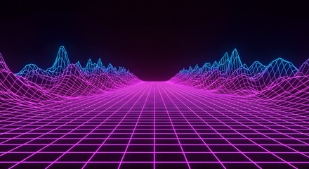 Futuristic neon grid landscape with glowing horizon and abstract digital mountains in dark minimal background