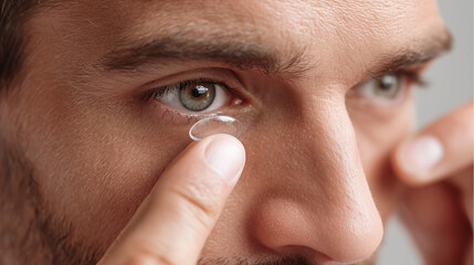 Man applying contact lens with focus on eye and hand during indoor activity in natural light setting Generative AI