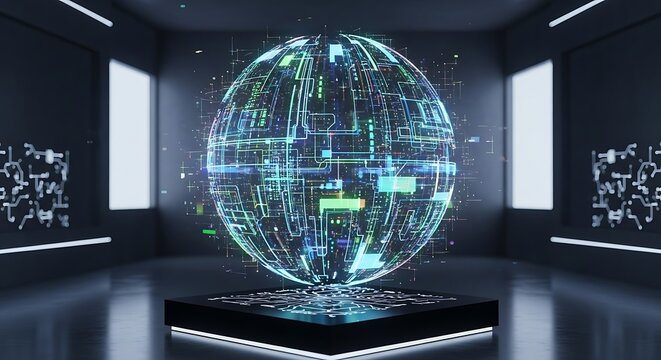 Futuristic Digital Globe Hologram in Modern Dark Room.