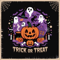 2d vector illustration Halloween t shirt icon design items ghost character Candles in carved pumpkin