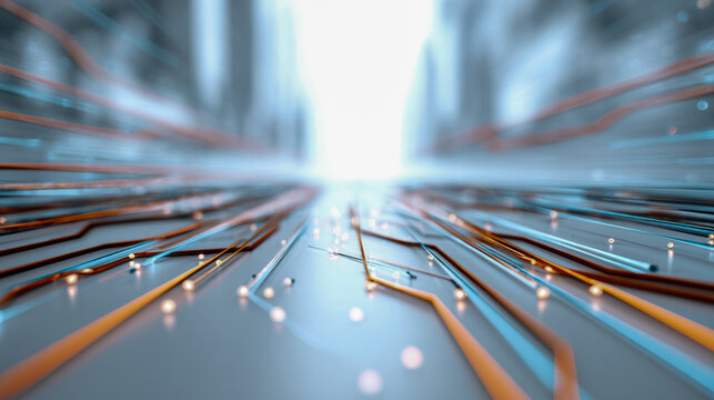 Futuristic glowing circuit pathways illuminated on a sleek metallic surface conveying advanced technology and digital connectivity with bright light in background