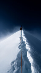 Fototapeta premium High altitude ascent. Climber makes their way across a snow-covered mountain ridge. Roped up for safety, on a clear sunny day, with a blue hued sky above.