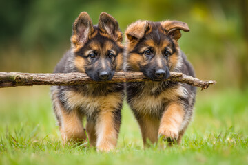 Adorable German Shepherd puppies playing with a stick outdoors