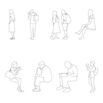 Set of 8 people line art - standing, sitting, photographing, reading, and talking. 
Perfect for use in architectural drawings, urban planning, landscape projects, infographics, presentations.