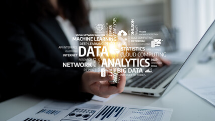 A business professional engages with a smartphone while data analytics concepts overlay a modern office setting, showcasing advanced technology and management solutions. Tessel