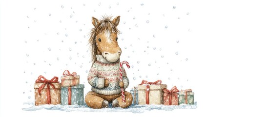 Cute watercolor illustration of a baby pony in a Santa hat and scarf. Adorable Christmas cartoon horse with big eyes, sitting in snow with falling snowflakes