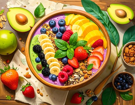 Colorful smoothie bowl with tropical fruits and granola