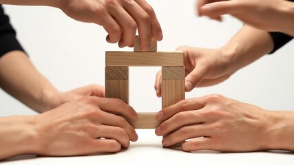 A group of individuals engages in a creative activity, using wooden blocks to construct a shape. Their hands work together, showcasing collaboration and interaction in a lively environment.