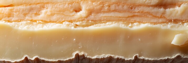 Layers of artisanal cheese showcasing naturally formed textures and colors under soft light in a rustic setting, perfect for culinary enthusiasts