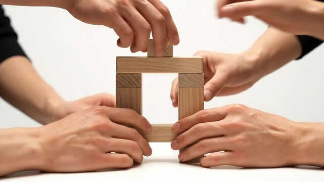A group of individuals engages in a creative activity, using wooden blocks to construct a shape. Their hands work together, showcasing collaboration and interaction in a lively environment.