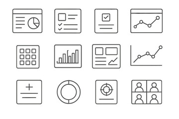 Line Style Dashboards. Line style icons of project dashboards: overview screen, project card, status tile, interactive report;