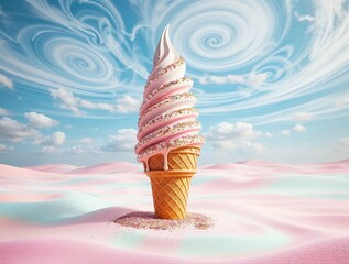 Swirled ice cream cone in pastel dreamscape