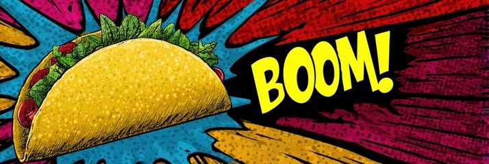 comic book taco theme, vibrant banner with halftone textures, oversized taco bursting out, boom shapes, and dynamic background for text