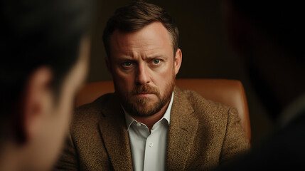 Man in tweed jacket: A serious-looking man with a beard sits at a table, focused and intense. The scene suggests a meeting or negotiation.