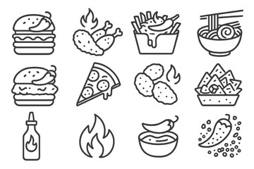 Spicy Fast Food Icons. Line style icons of spicy fast food: jalapeño burger, hot wings, chili cheese fries, spicy ramen; buffalo